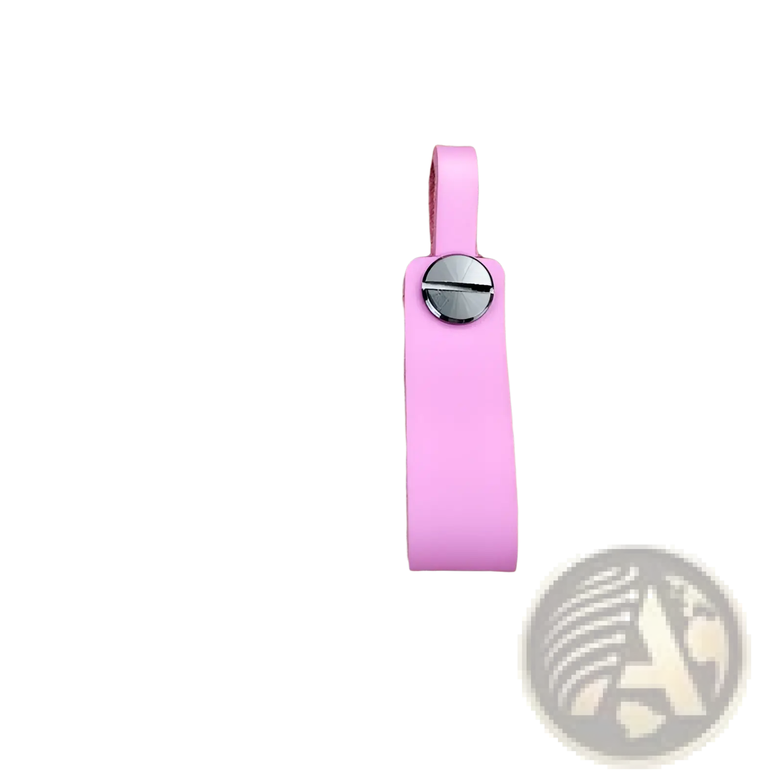 A sleek pink genuine leather car keychain with a silver-toned metal screw cap and key ring set