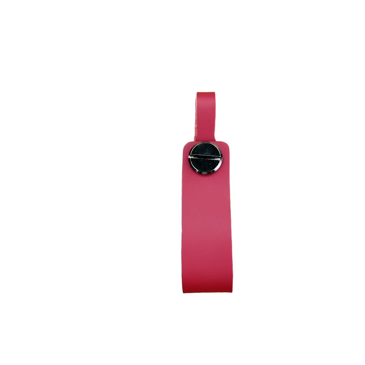 A genuine leather car keychain with a vibrant red leather tag and sleek black metal button fastener