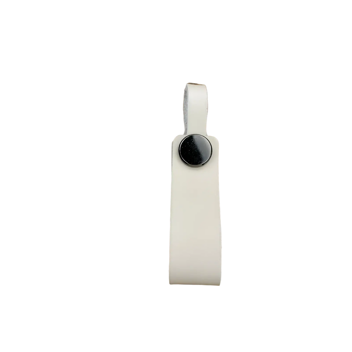 Genuine leather car keychain with white leather strap and black circular button detailing