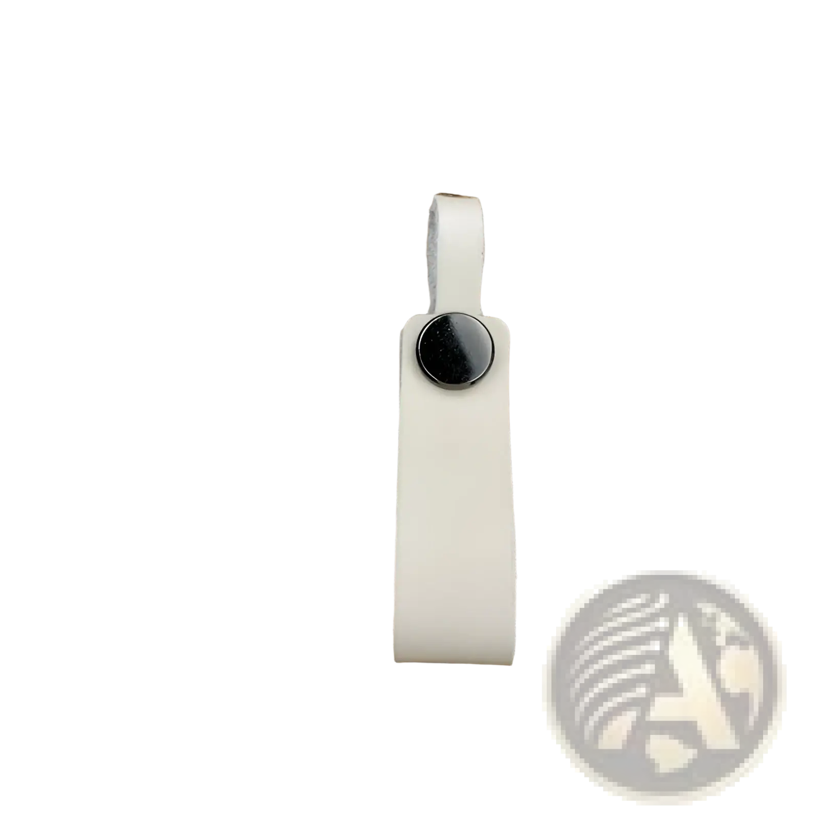 Genuine leather car keychain with white leather strap and black circular button detailing