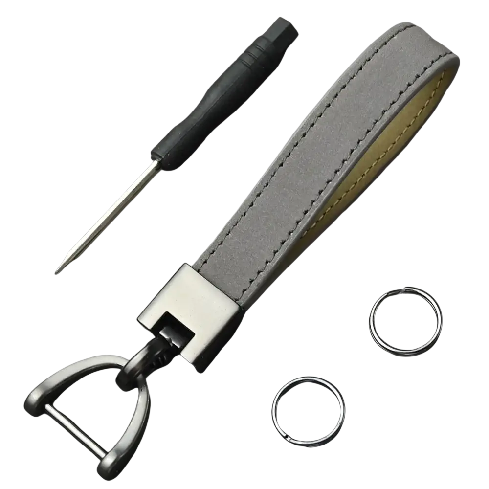 Gray genuine leather car keychain with matte black metal d-ring and yellow contrast stitching minimalist key ring
