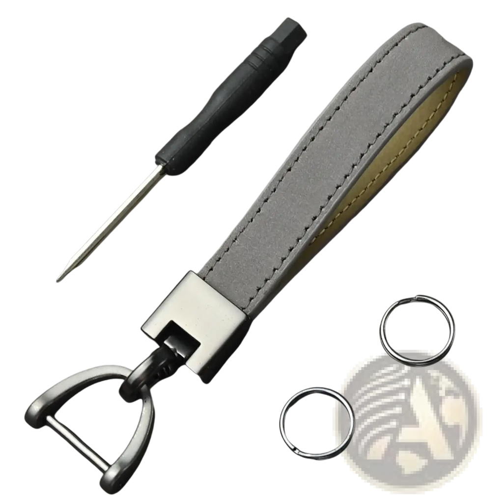 Gray genuine leather car keychain with matte black metal d-ring and yellow contrast stitching minimalist key ring