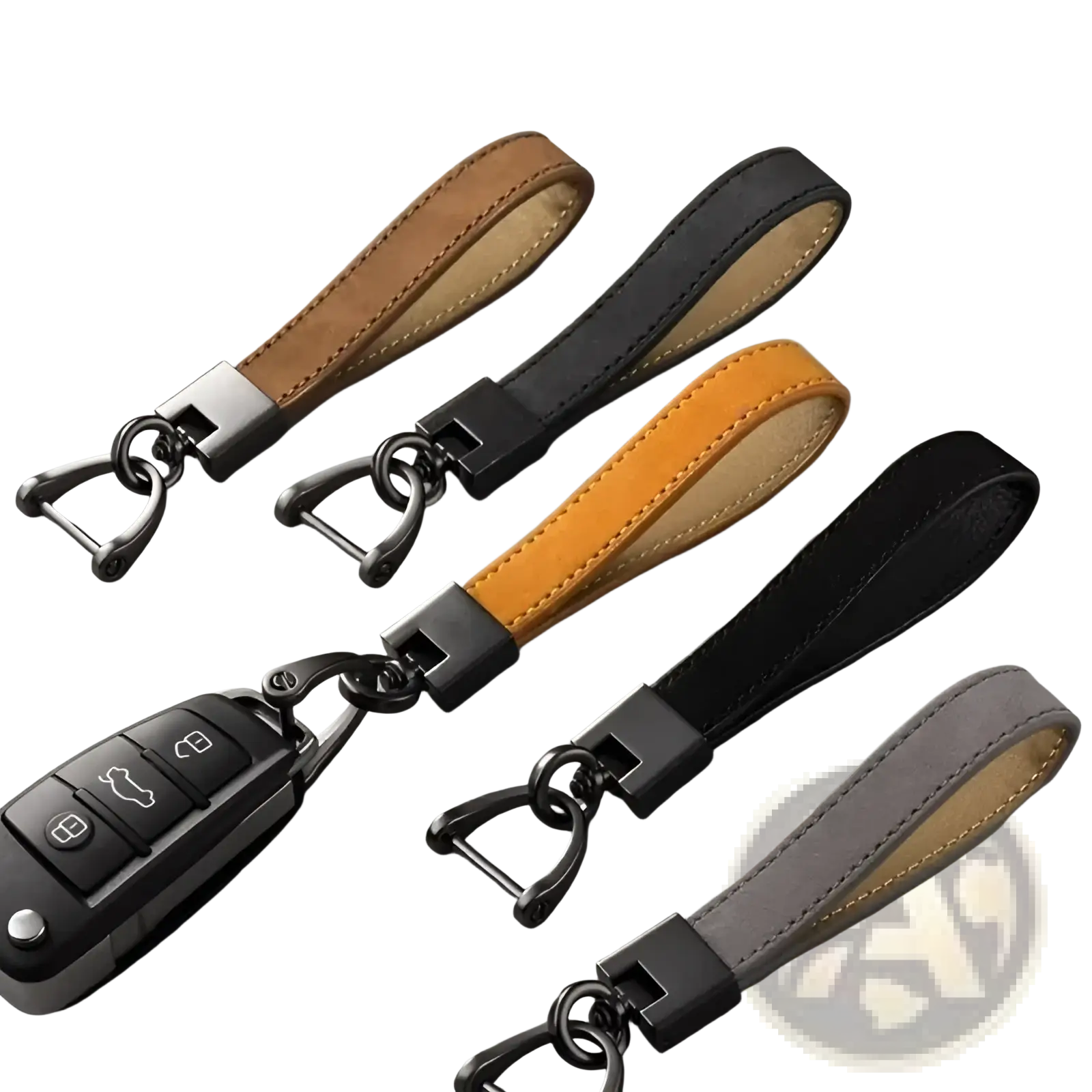 Genuine leather car keychain with a matte black metal clasp and tan suede strap in a minimalist design