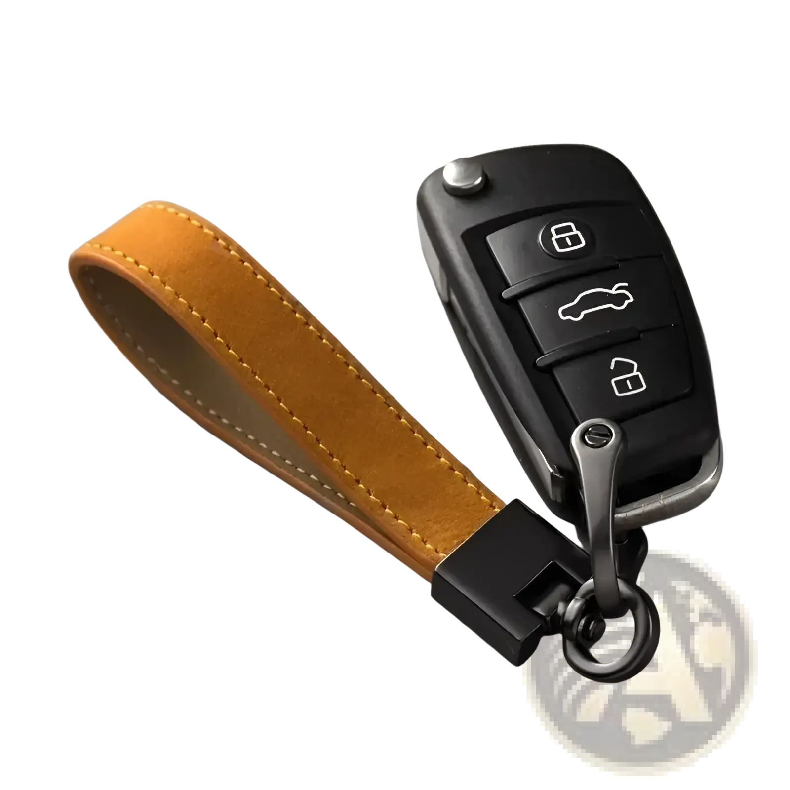Genuine leather car keychain minimalist key ring with tan leather fob black metal clasp and silver ring on black remote