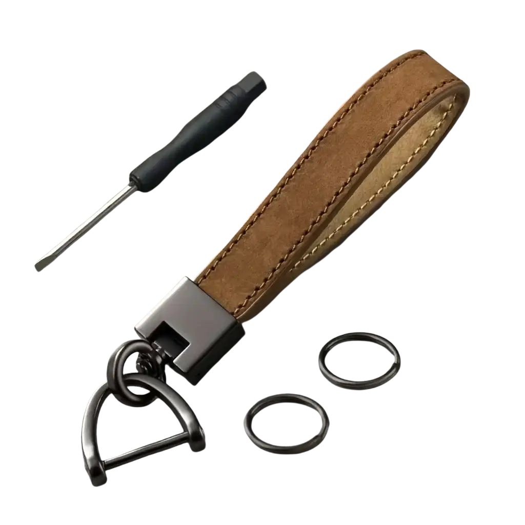 Genuine leather car keychain in tan suede with matte black metal clasp d-ring and two matching rings minimalist style