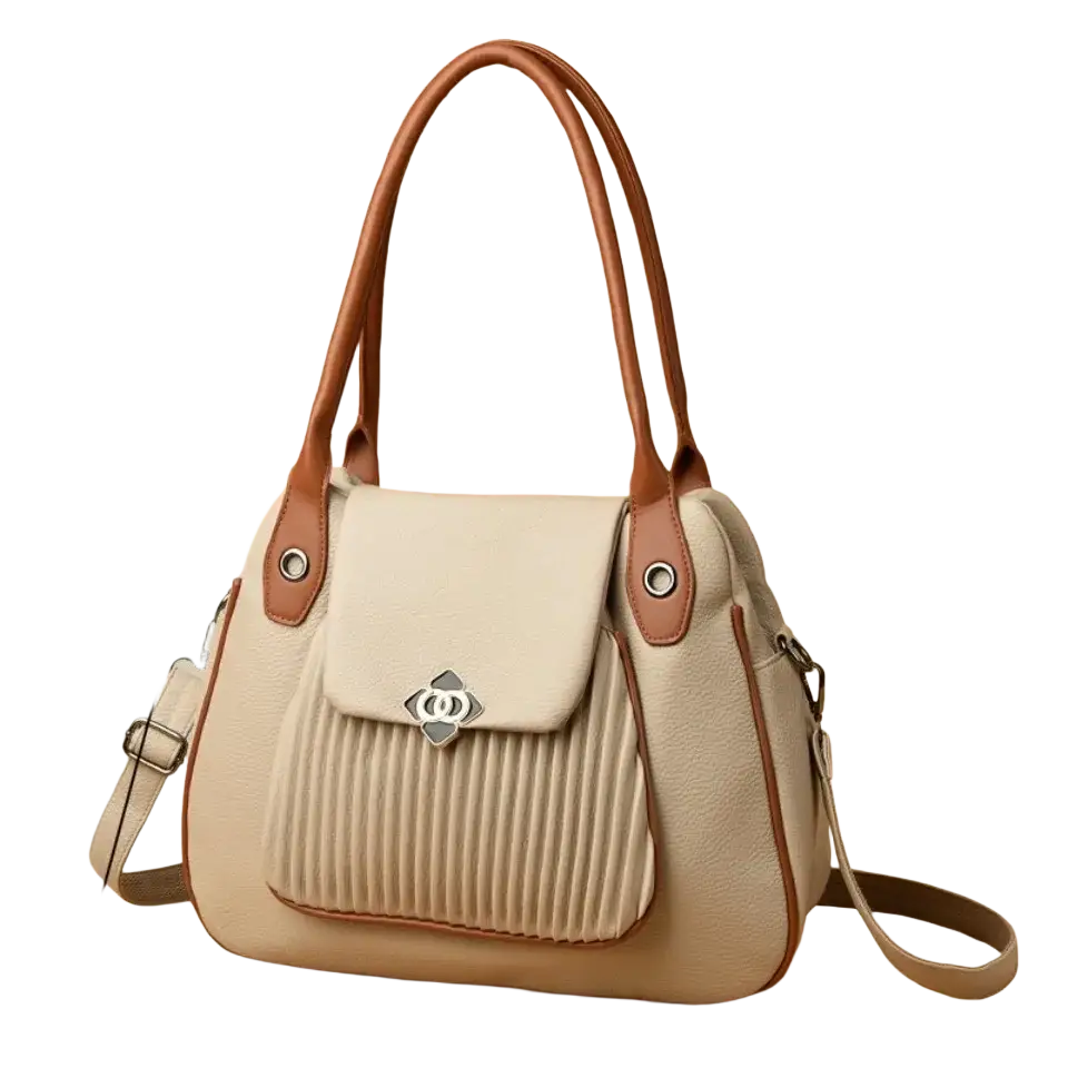 Beige and brown genuine leather casual tote with pleated front panel, silver-tone clasp, and detachable shoulder strap