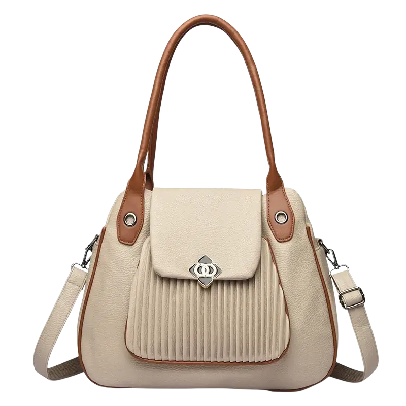 Beige and brown genuine leather casual tote with pleated front panel silver tone clasp and pocket interior