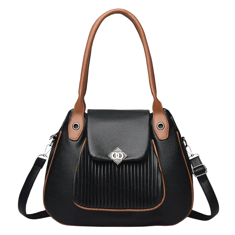 Genuine leather casual tote black shoulder bag with textured front panel silver-toned clasp and adjustable strap