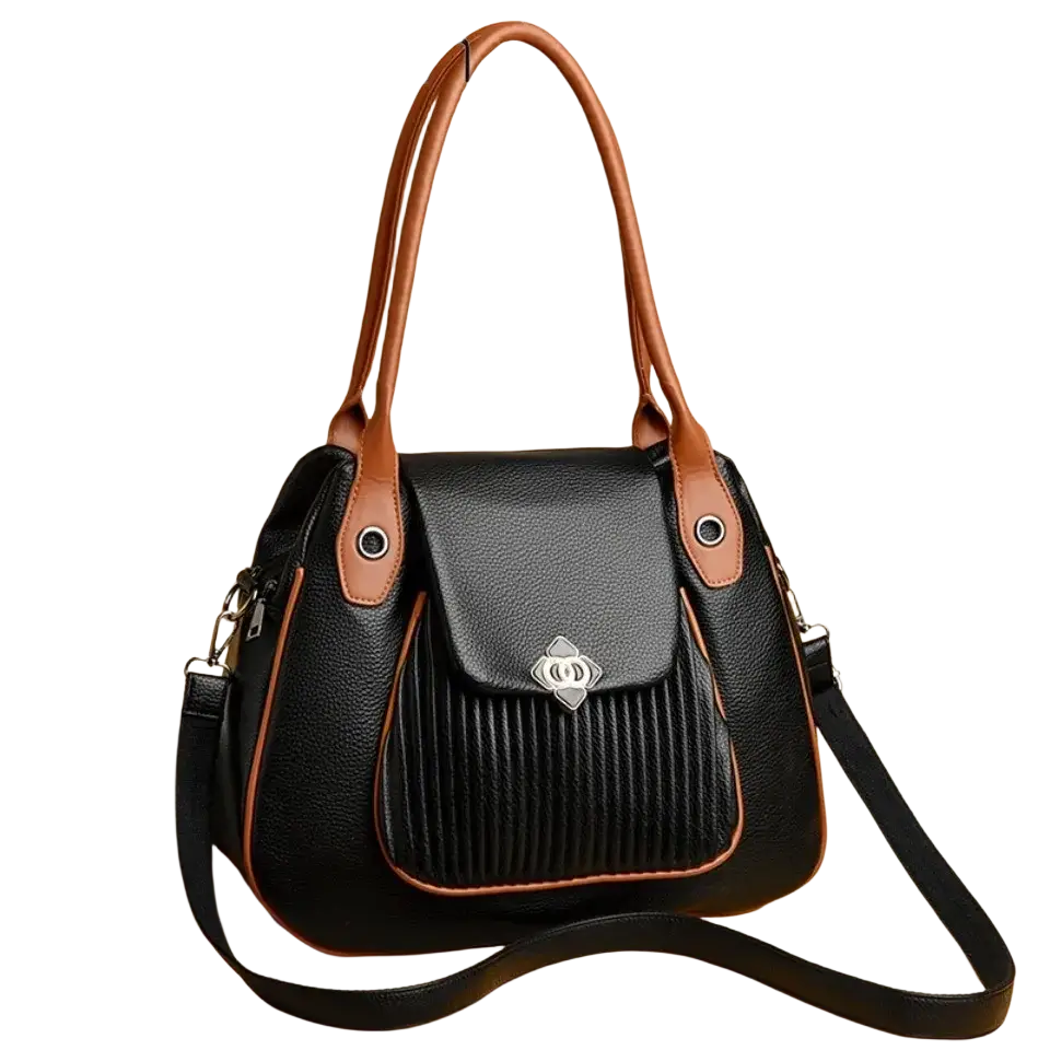 Genuine leather casual tote black shoulder bag with pleated front panel silver-tone clasp and adjustable strap pocket interior