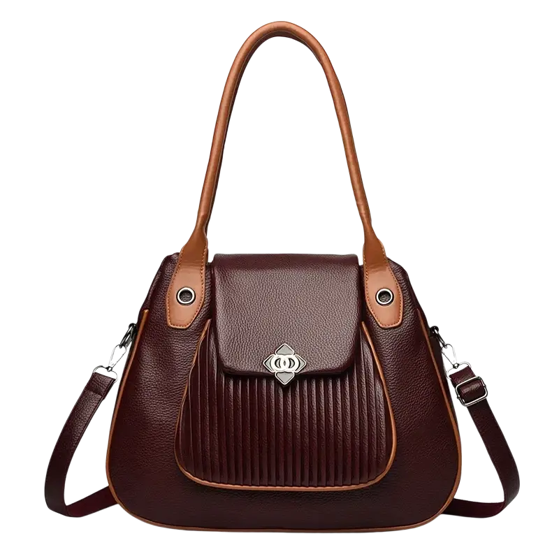Genuine leather brown casual tote with textured front, tan handles, and silver clasp featuring a pocket interior