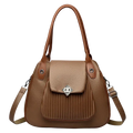 Genuine leather brown casual tote with textured surface, front flap closure, silver clasp, and pocket interior details