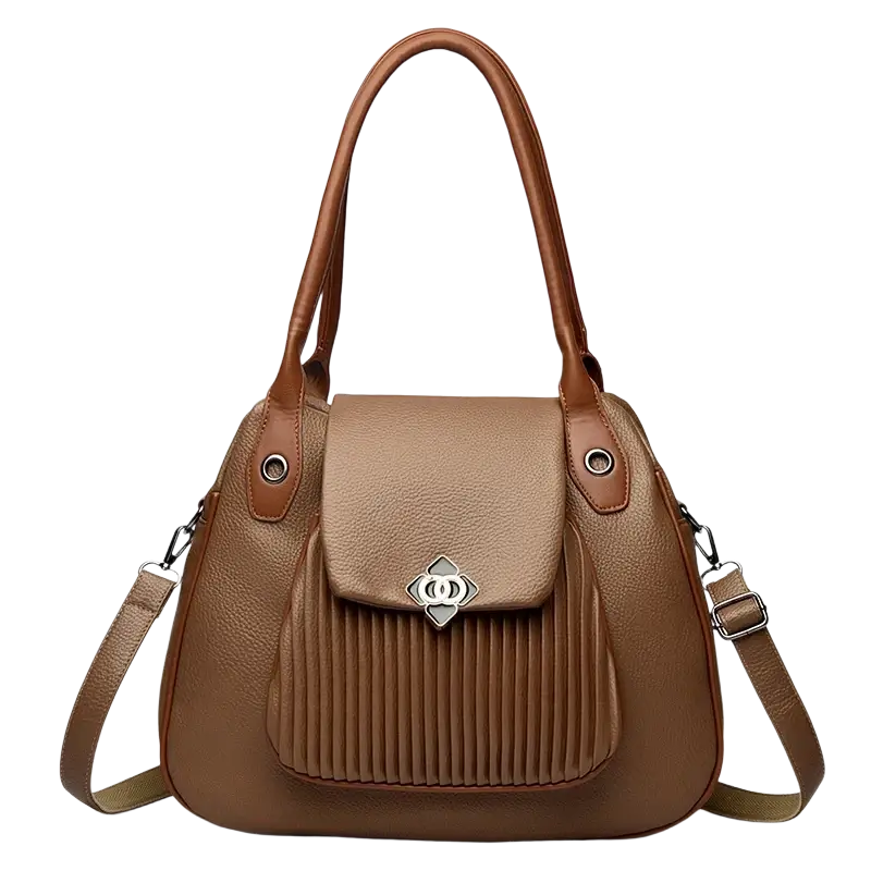 Genuine leather brown casual tote with textured surface, front flap closure, silver clasp, and pocket interior details