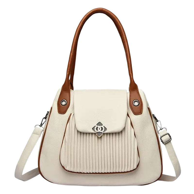 Cream-colored genuine leather casual tote with brown leather handles, pleated front, silver clasp, and pocket interior