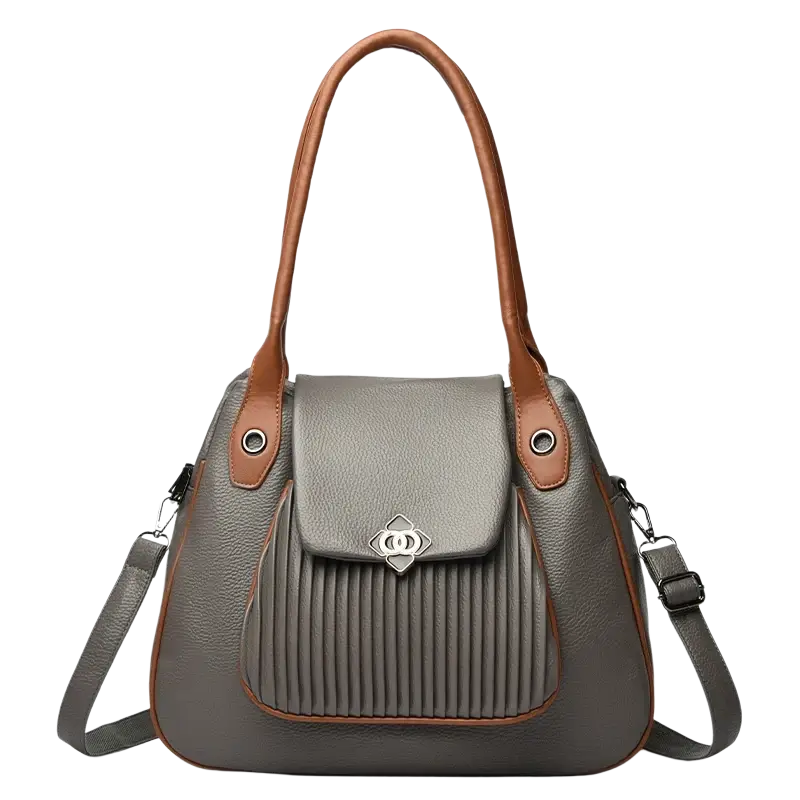 Gray and brown genuine leather casual tote with pleated front, silver clasp, adjustable strap, and pocket interior details