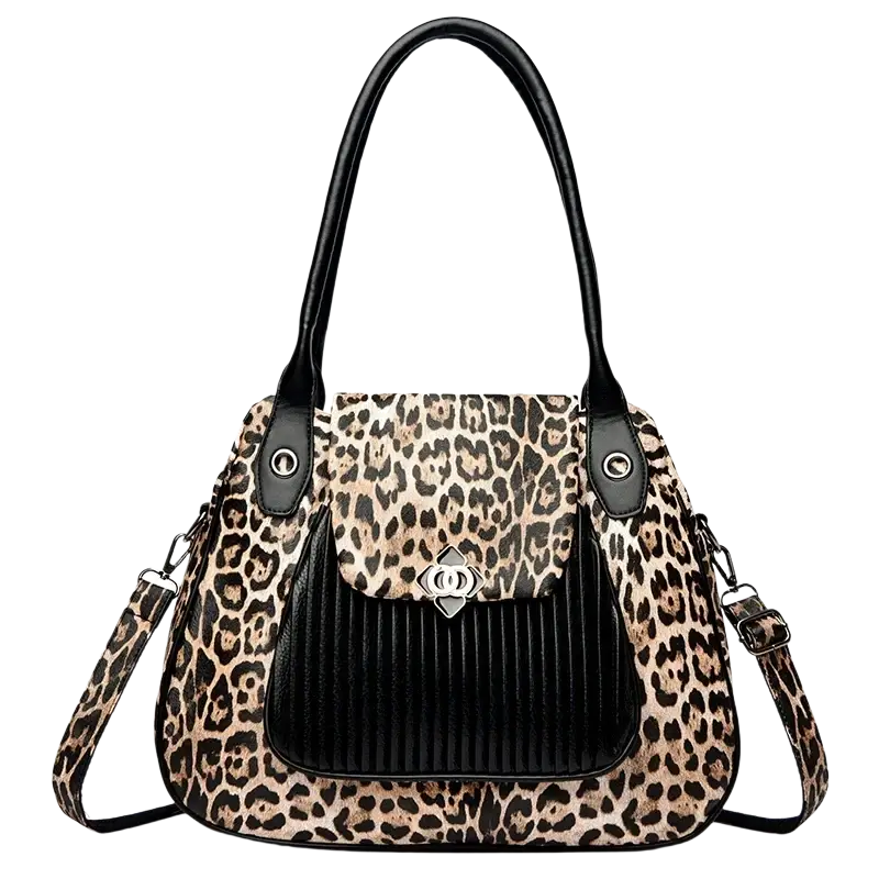Genuine leather casual tote black shoulder bag with leopard-print handbag design, black leather accents, and silver-tone clasp
