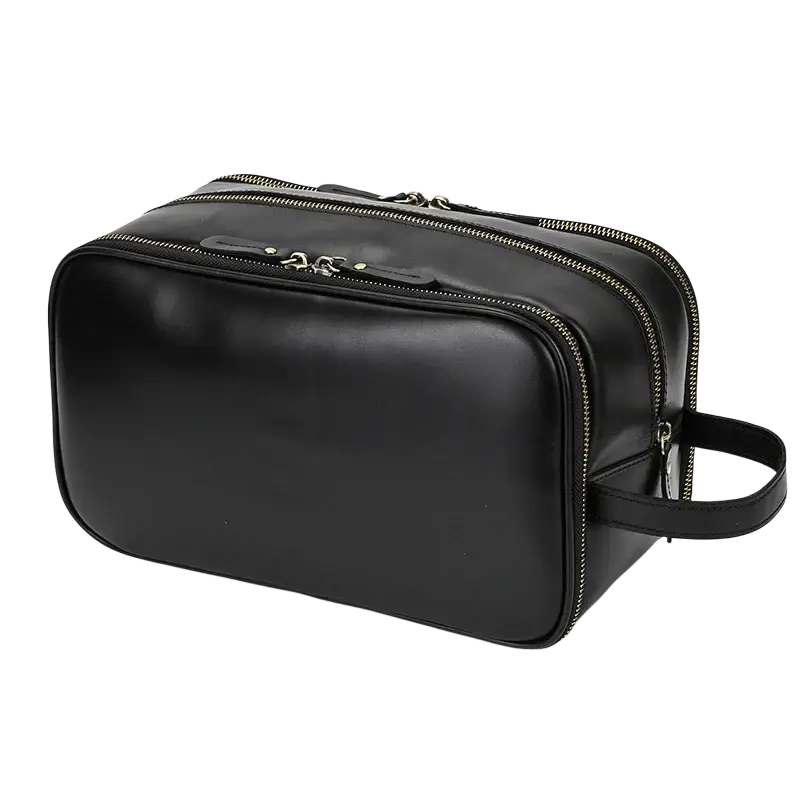 Genuine leather black leather toiletry bag with multiple zippers and pocket interior size 26x15x11cm and handle