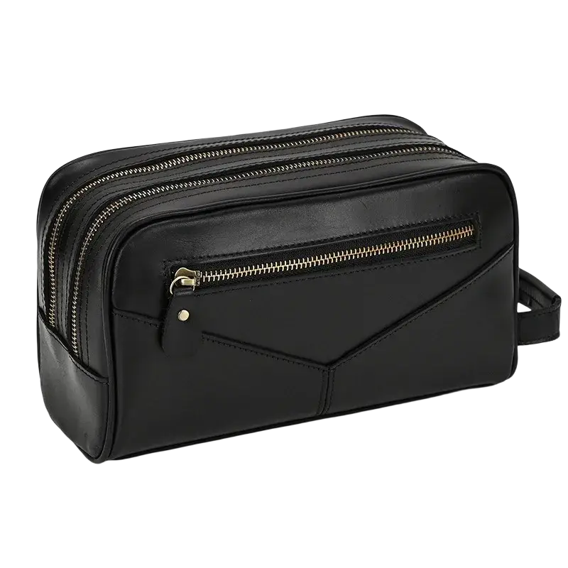 Black genuine leather clutch bag size 26x15x11cm with gold-toned zippers and short handle for toiletry use