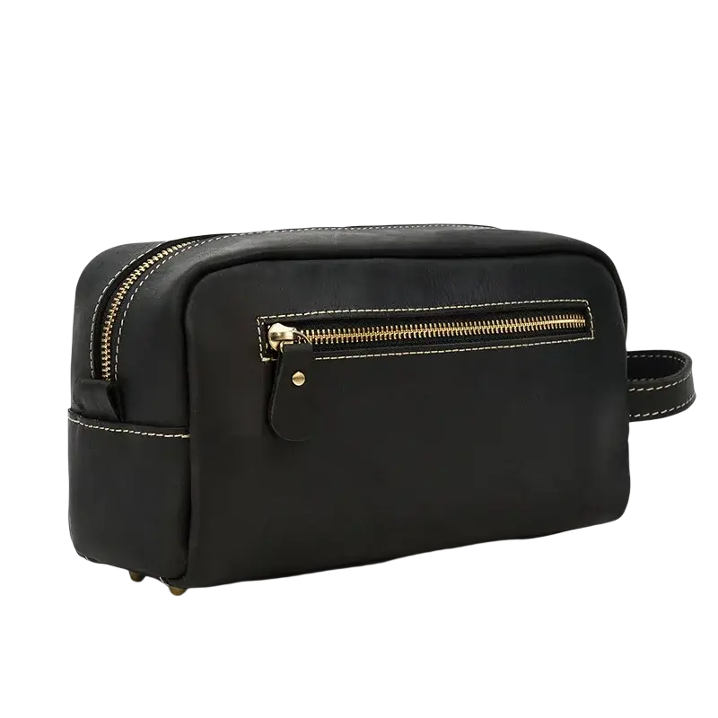 Black genuine leather clutch bag size 26x15x11cm with gold-toned zippers white stitching and pocket interior