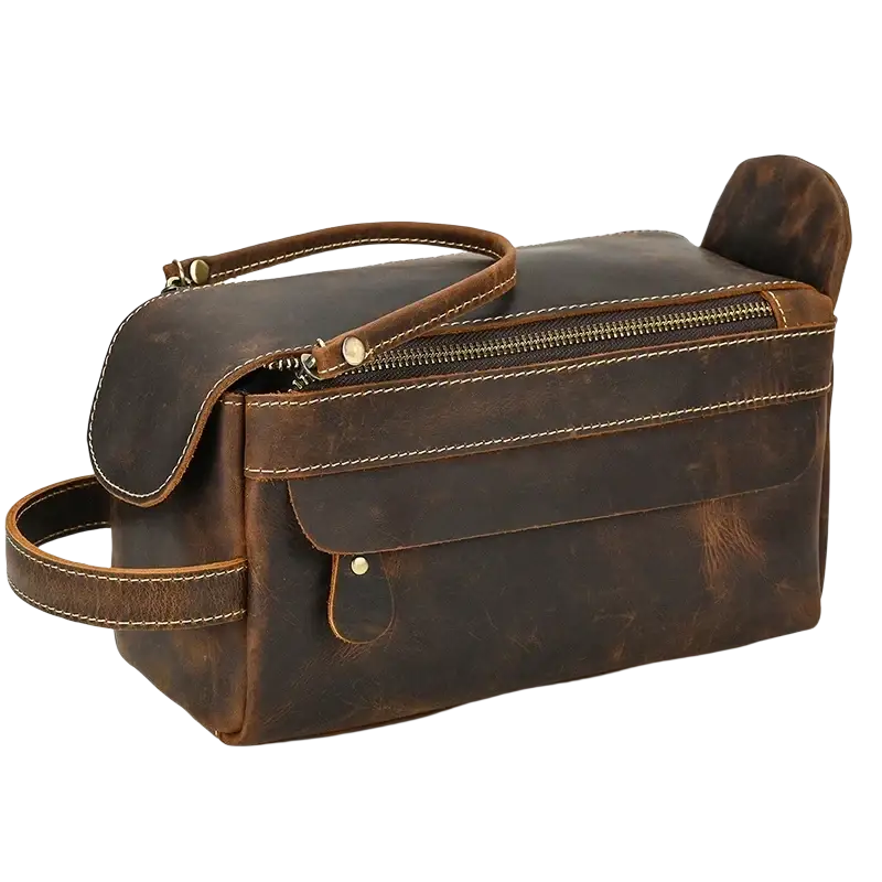Brown genuine leather clutch bag size 26x15x11cm with visible stitching and zipper closure for grooming essentials