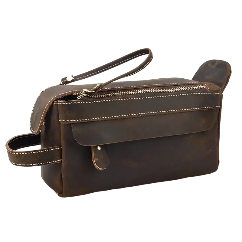 Genuine leather brown grooming clutch bag size 26x15x11cm with visible stitching zipper closure and pocket interior