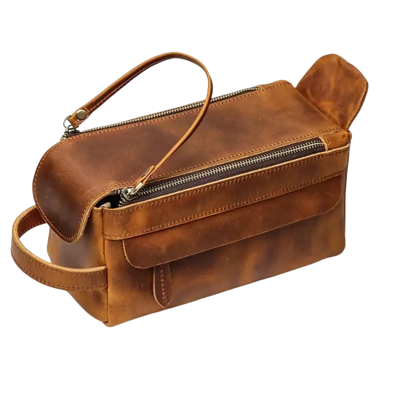 Brown genuine leather clutch bag size 26x15x11cm with top handle and zipper closure for grooming essentials