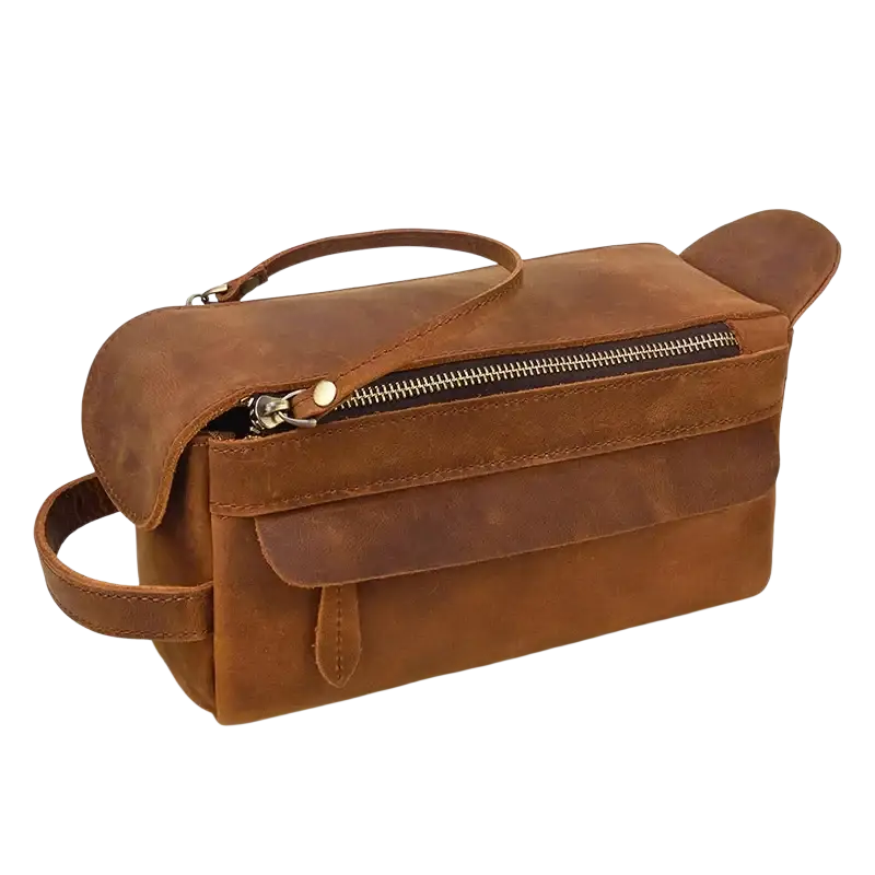 Genuine leather brown toiletry bag size 26x15x11cm with zipper closure top handle side strap and pocket interior