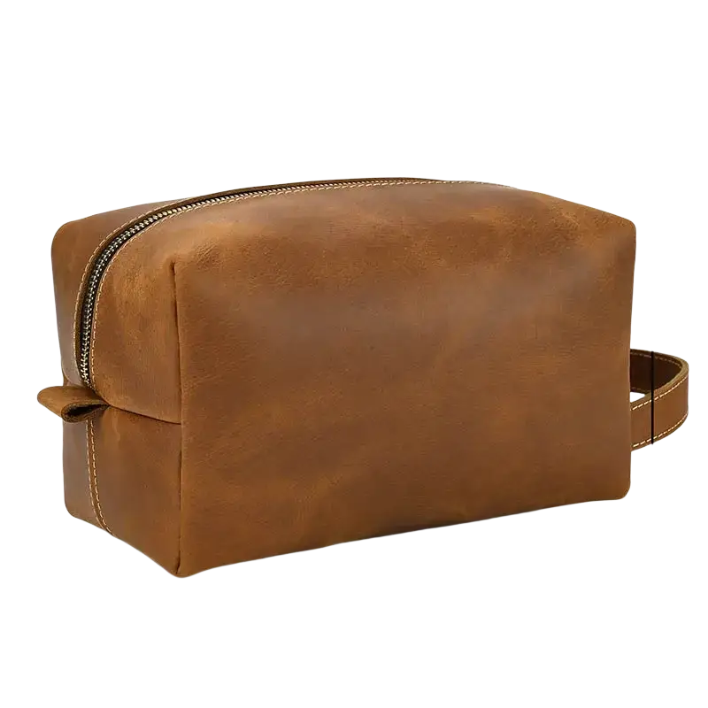 Brown genuine leather clutch bag size 26x15x11cm with zipper closure and matching handle for toiletry storage