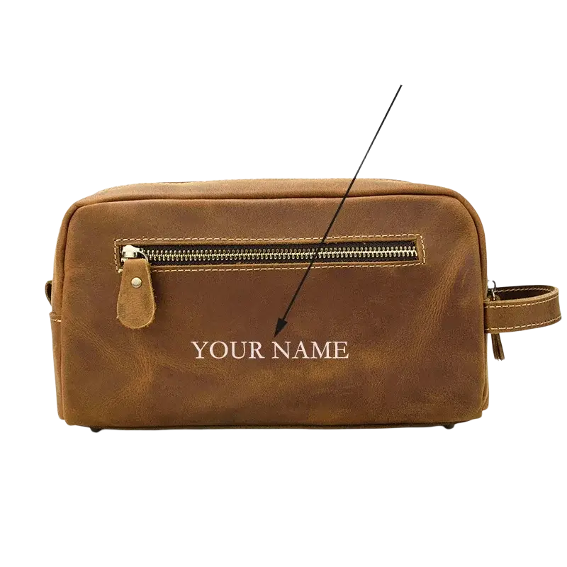 Genuine leather brown toiletry bag with gold zipper and stitched details size 26x15x11cm with pocket interior