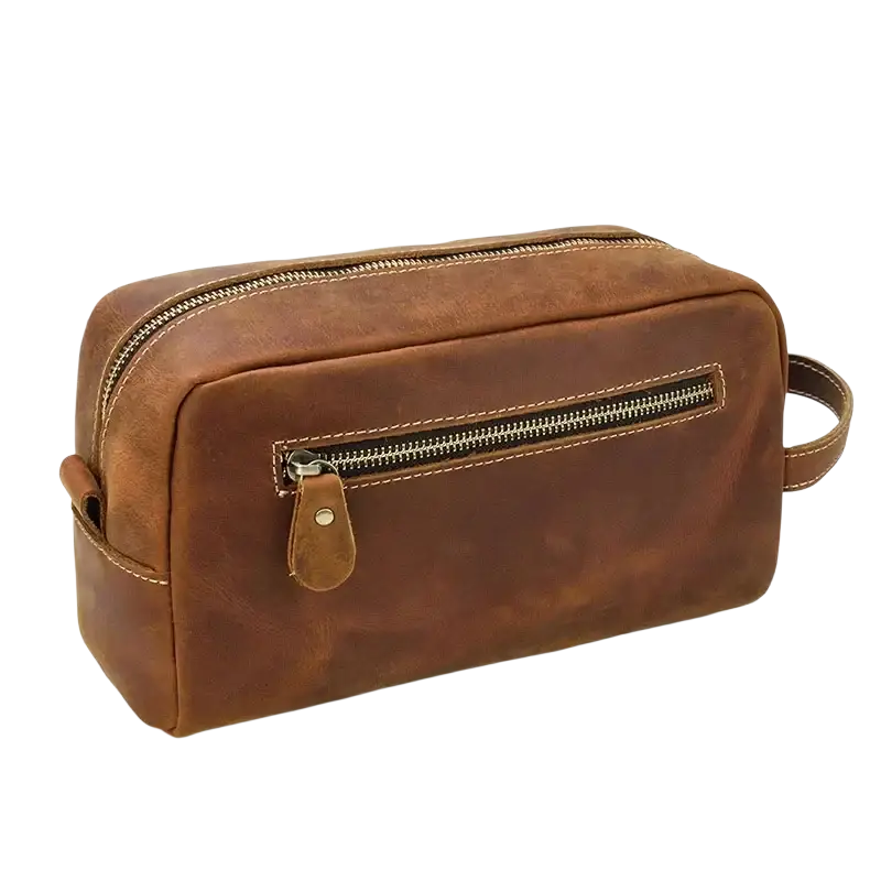 Genuine leather brown toiletry bag with top zipper side handle size 26x15x11cm and pocket interior features