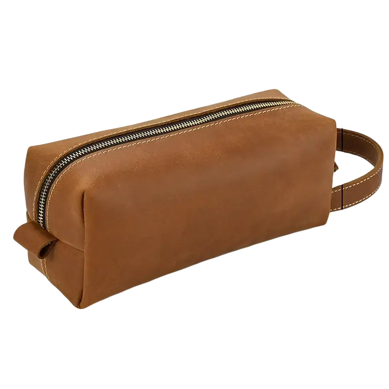 Brown genuine leather clutch bag 26x15x11cm with zipper closure and stitched handles for toiletries storage