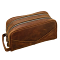Genuine leather brown travel toiletry bag with two zippers handle and pocket interior size 26x15x11cm
