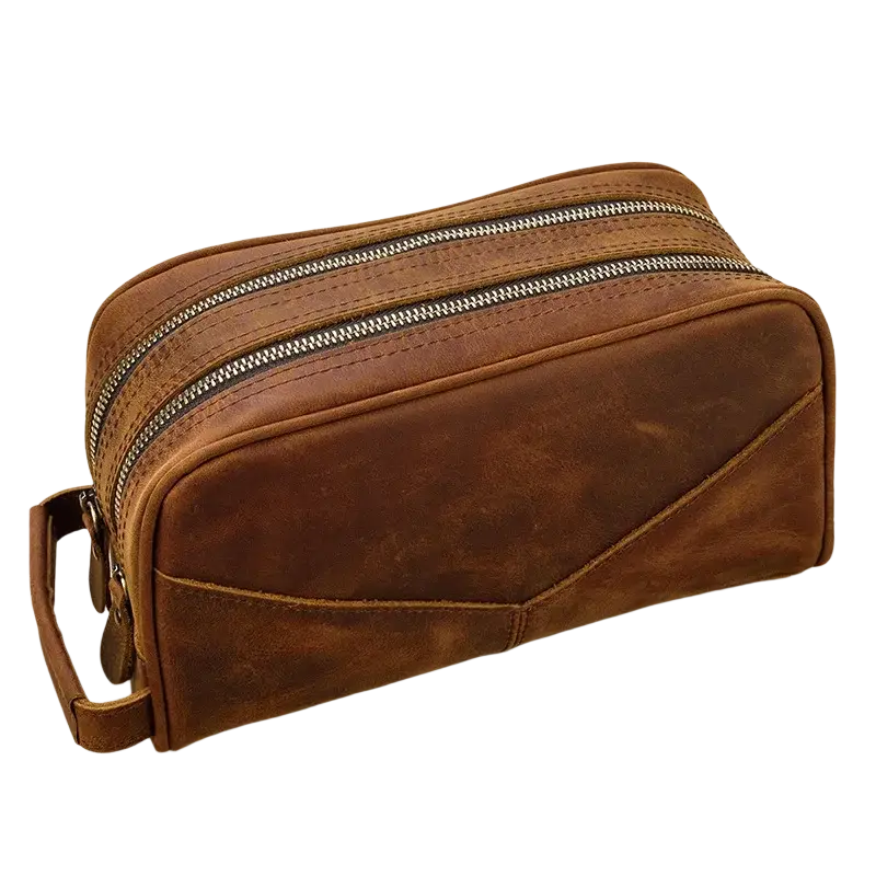 Genuine leather brown travel toiletry bag with two zippers handle and pocket interior size 26x15x11cm