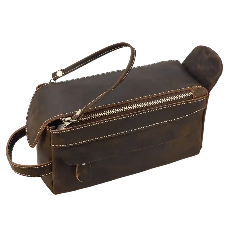 Dark brown genuine leather clutch bag size 26x15x11cm with contrasting light stitching silver zipper and pocket interior
