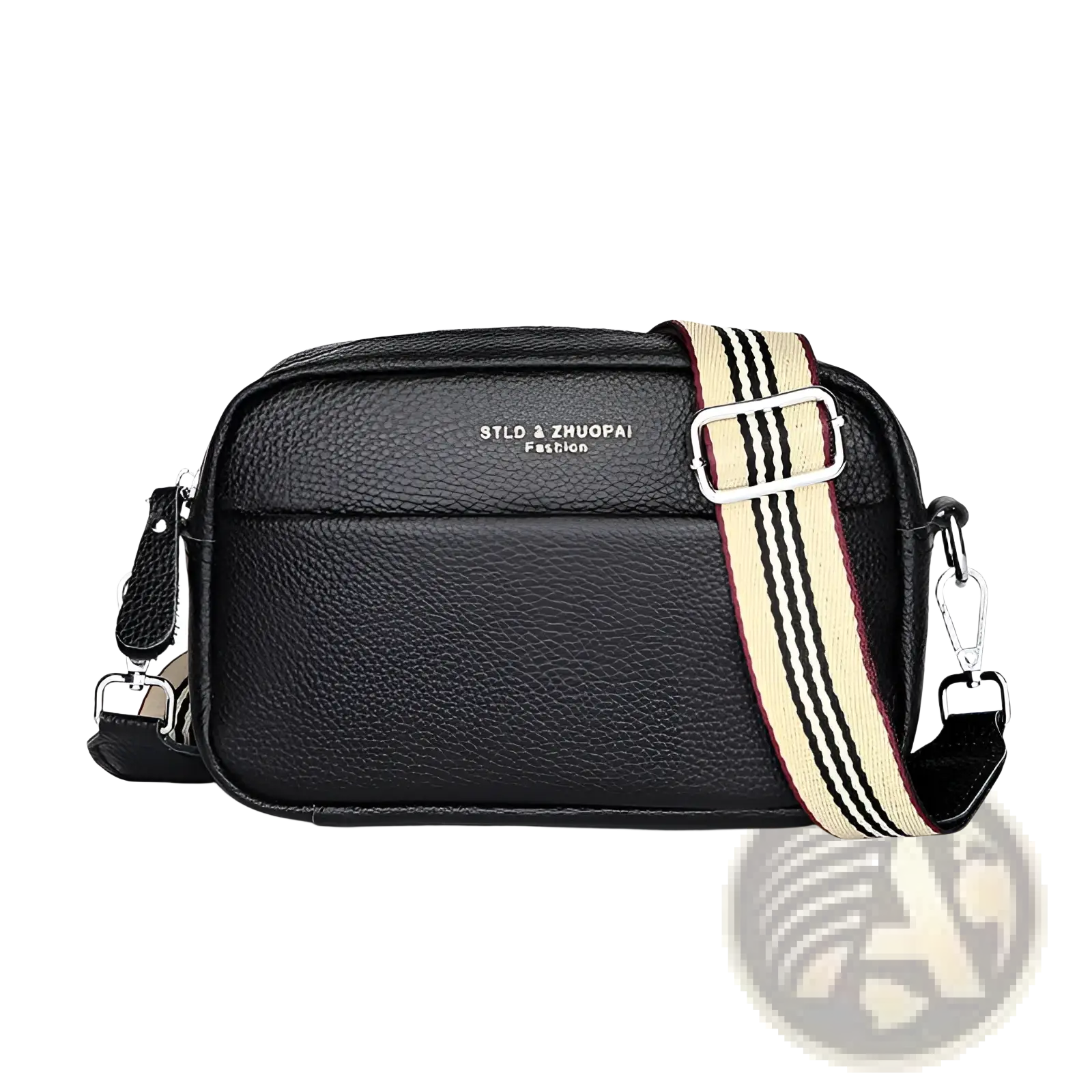 Black textured leather crossbody bag with geometric pattern striped fabric strap and silver hardware visible