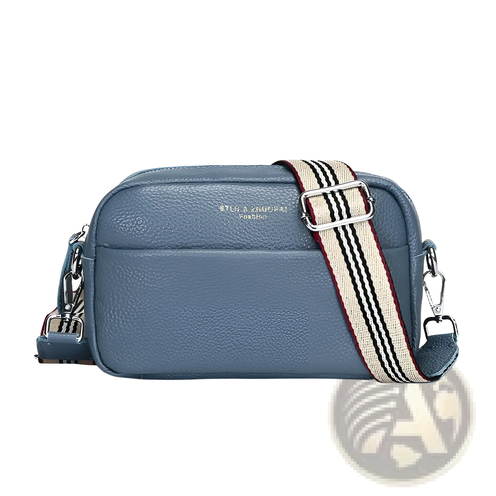 A sleek blue genuine leather crossbody bag with a geometric pattern striped fabric strap and silver-toned hardware