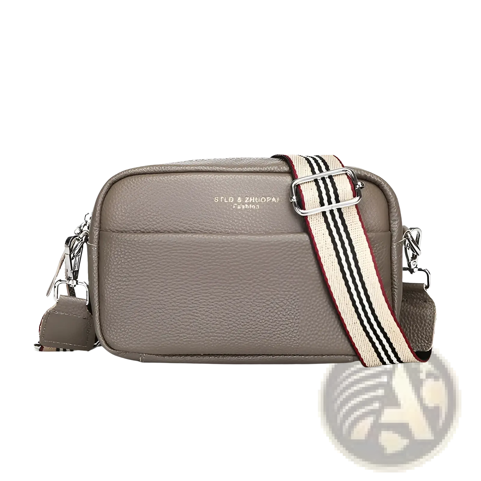 Genuine leather crossbody bag in gray with a geometric striped fabric strap and silver hardware
