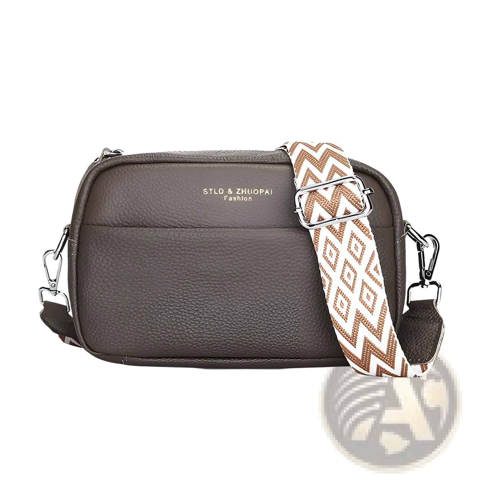 Genuine leather brown crossbody bag with textured finish and tan white geometric pattern strap