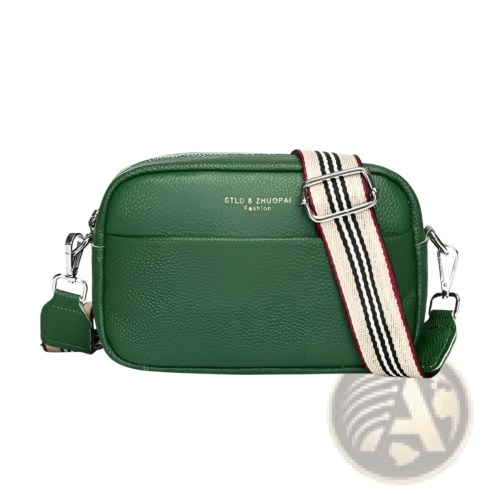 Genuine leather green crossbody bag with textured finish and geometric striped fabric strap with silver hardware