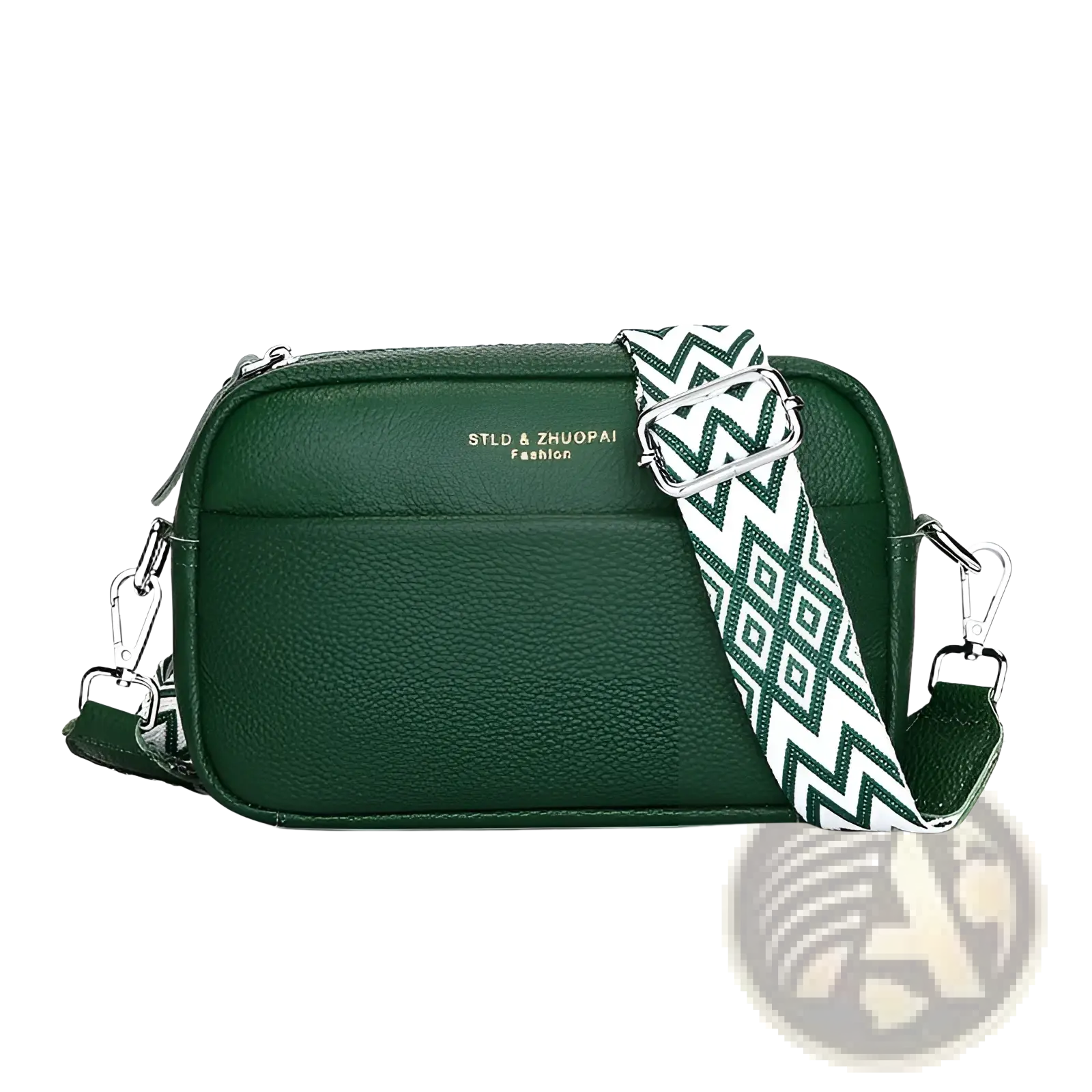 Genuine leather dark green crossbody bag with textured surface and contrasting white dark green geometric strap
