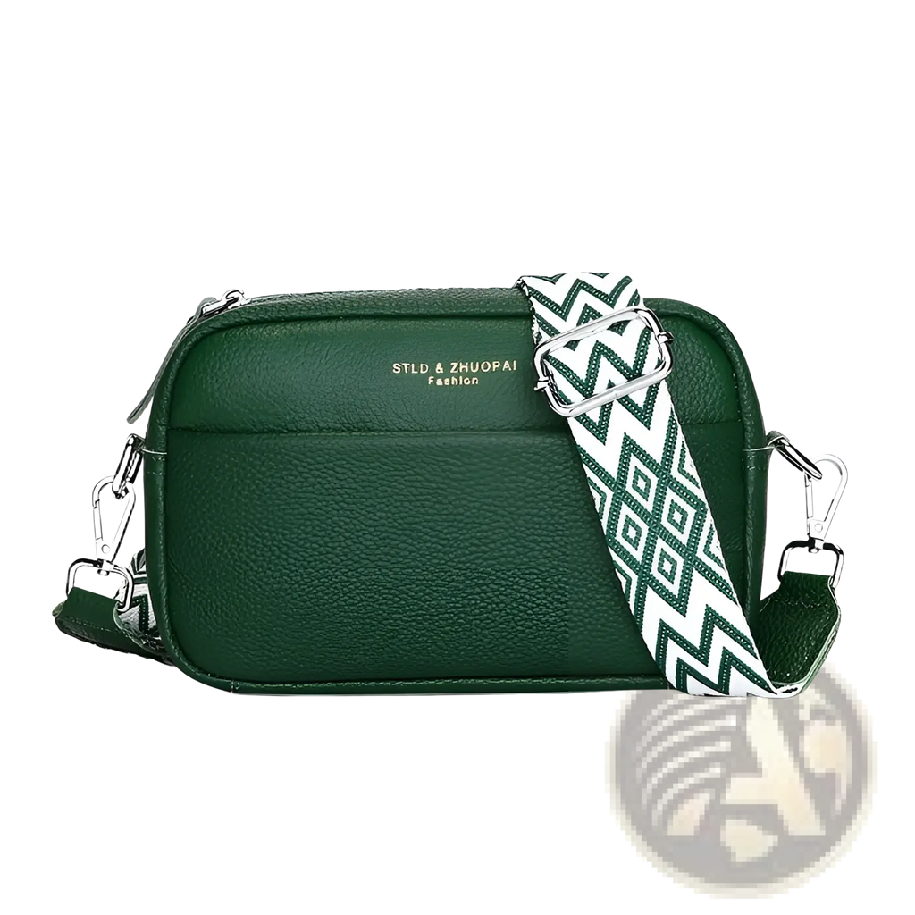 Dark green genuine leather crossbody bag with dark green and white geometric patterned adjustable strap