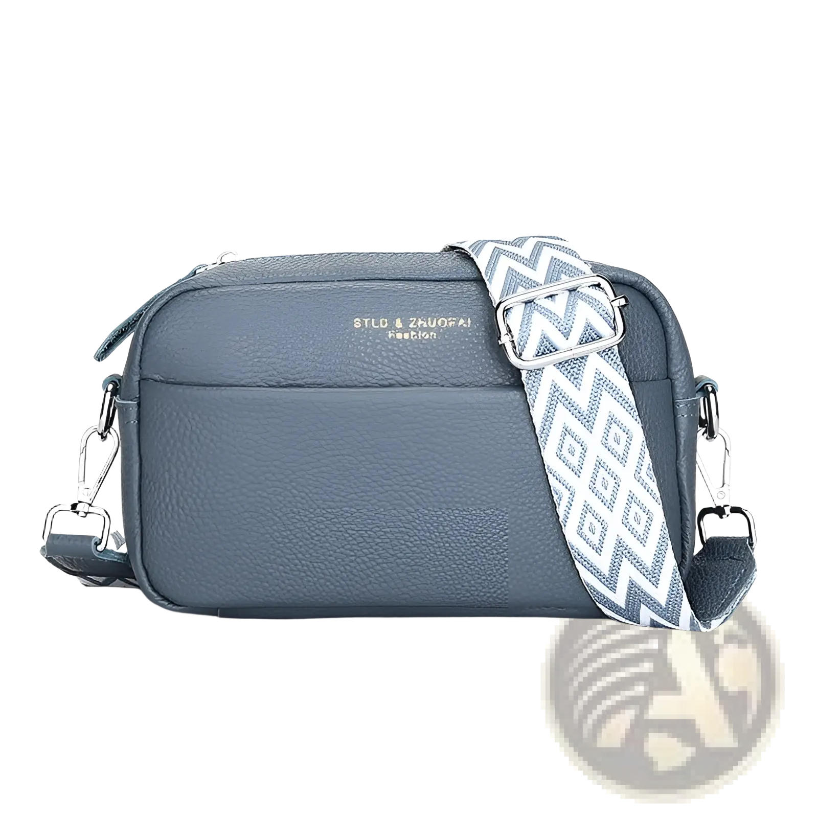 Genuine leather crossbody bag in gray textured leather with a geometric patterned strap for stylish carry