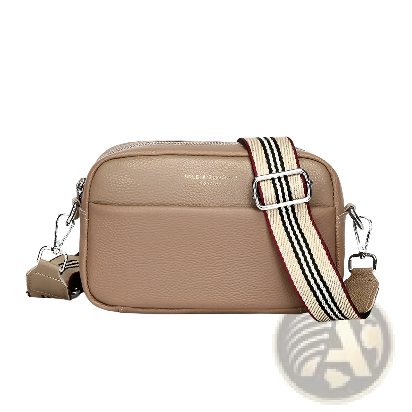 Beige genuine leather crossbody bag with geometric striped fabric strap and silver hardware detailing