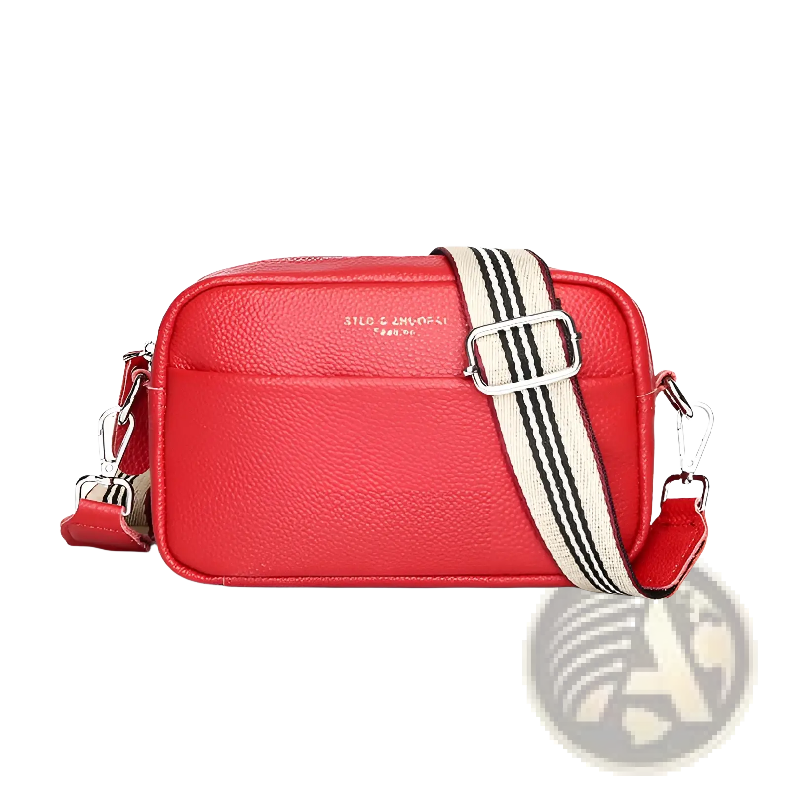 Genuine leather red crossbody bag with textured finish and geometric striped fabric strap with silver hardware