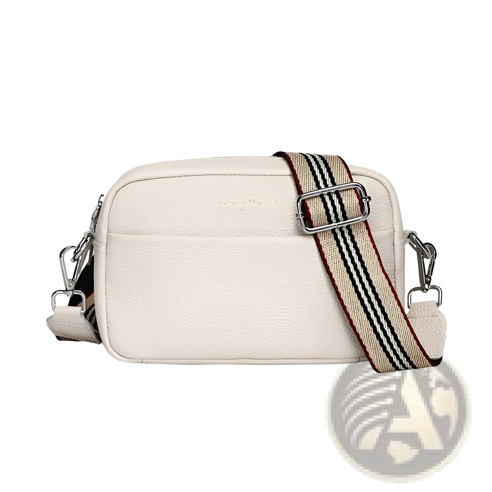 Cream-colored genuine leather crossbody bag with textured surface, geometric pattern fabric strap, and silver-toned hardware