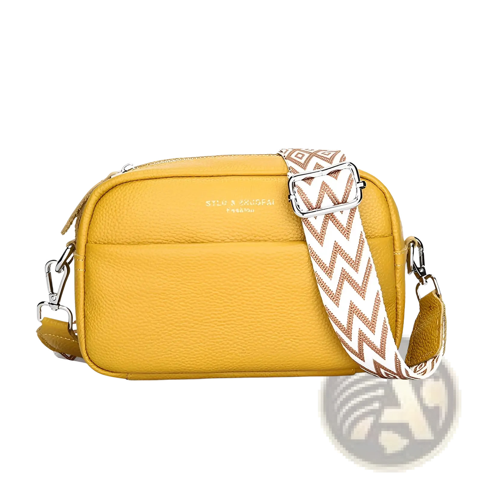 A vibrant yellow genuine leather crossbody bag with a white and brown geometric pattern strap
