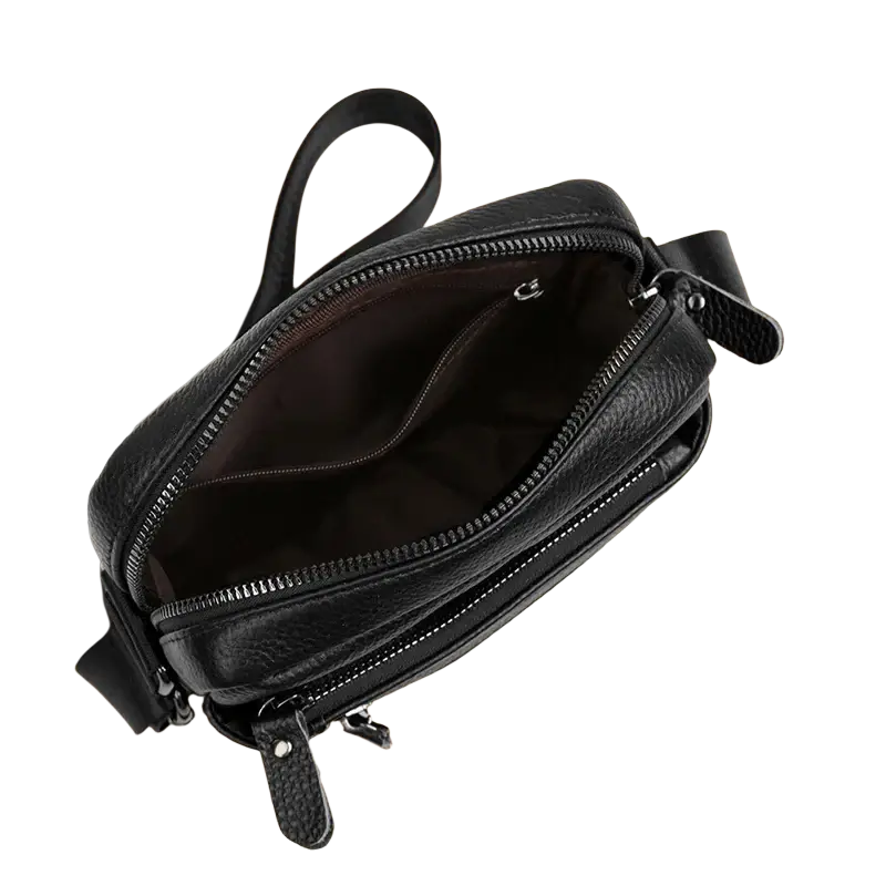 Black genuine leather crossbody bag for men with textured surface multiple zippers business casual design