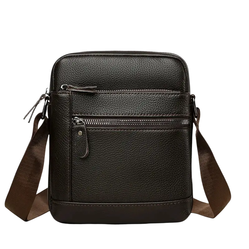 Dark brown genuine leather crossbody bag for men with textured finish, adjustable strap, and multiple zippered compartments