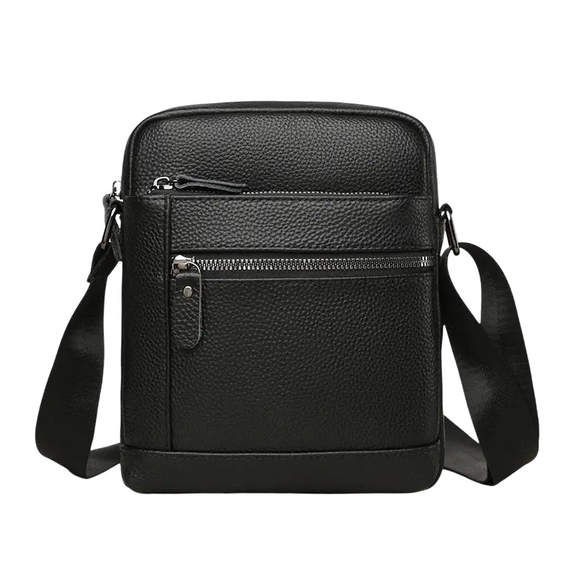 Genuine leather black textured crossbody bag for men with silver zippers and adjustable strap for business casual use