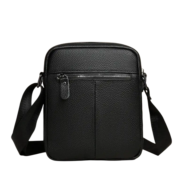 Black genuine leather crossbody bag for men with textured surface, zippered front pocket, and adjustable strap for business casual use