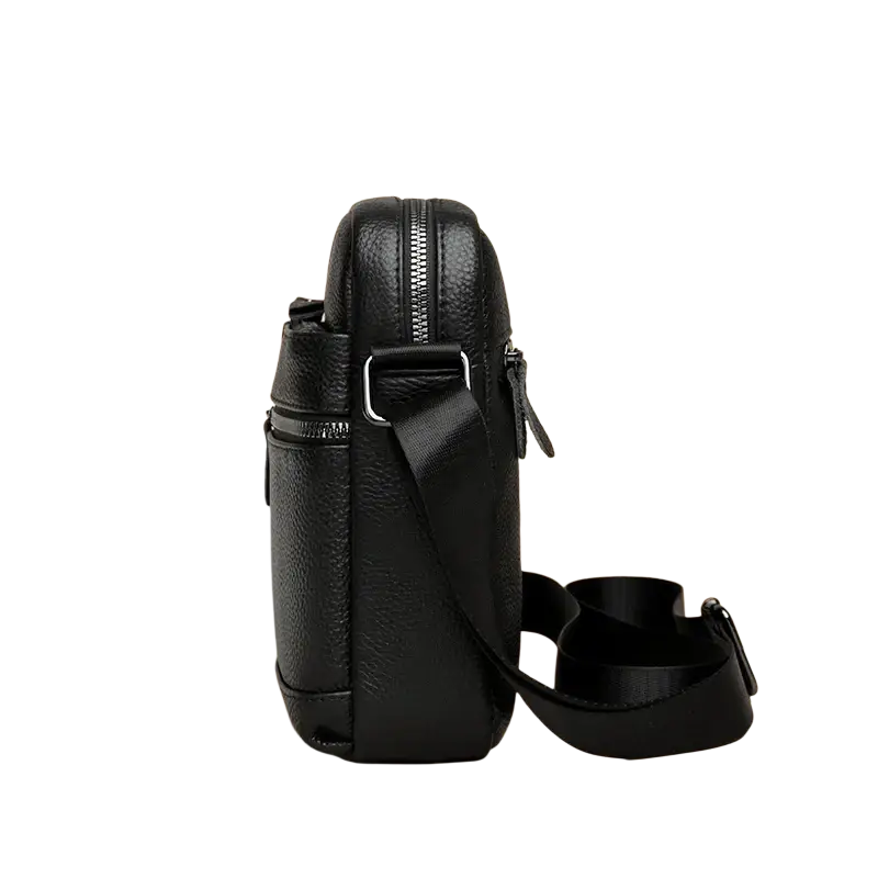 Black genuine leather crossbody bag for men with textured finish and adjustable strap for business casual use